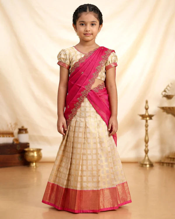 Traditional Girls Dhavani Set with Woven Checkered Skirt Intricate Zari Border and Brocade Blouse - Cream & Pink